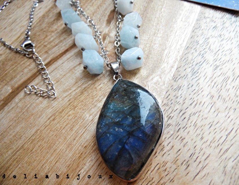 Colier handmade pietre naturale acvamarin și pandantiv labradorit (cod1423)