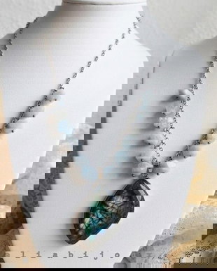 Colier handmade pietre naturale acvamarin și pandantiv labradorit (cod1423)