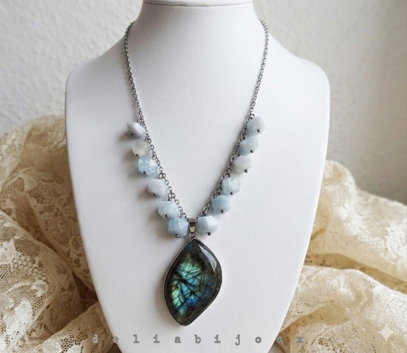 Colier handmade pietre naturale acvamarin și pandantiv labradorit (cod1423)