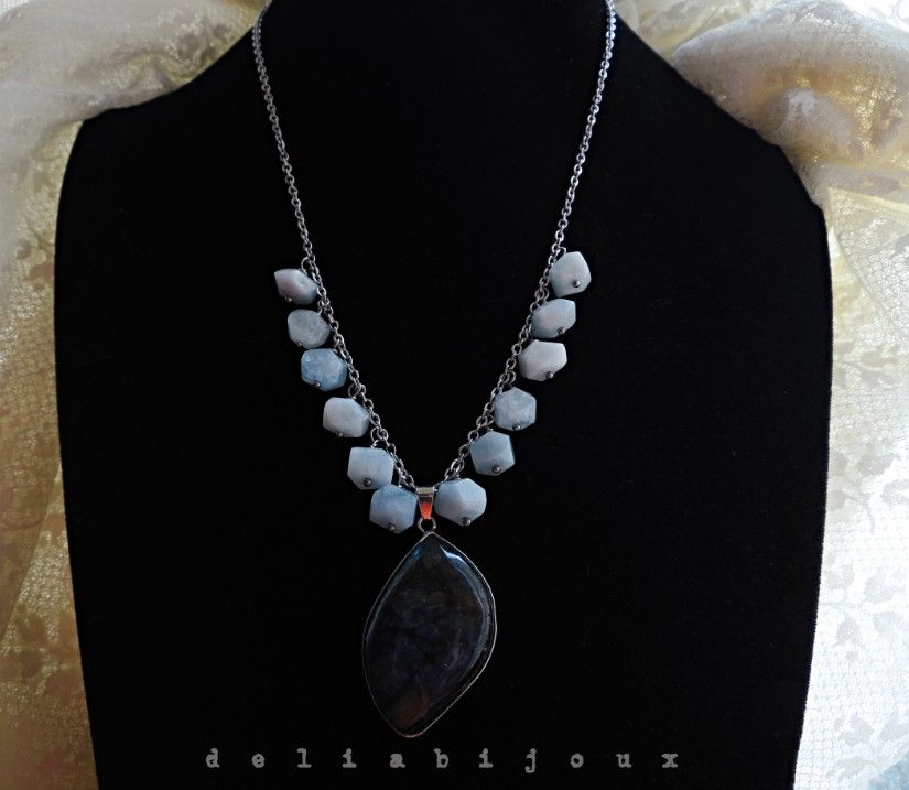 Colier handmade pietre naturale acvamarin și pandantiv labradorit (cod1423)