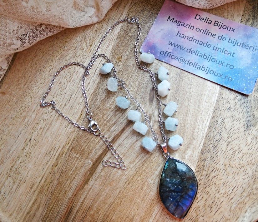 Colier handmade pietre naturale acvamarin și pandantiv labradorit (cod1423)