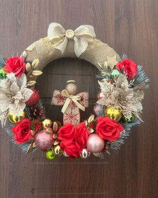 Coroniță Crăciun handmade cu lumini  decor ușă/perete, îngeraș realizat manual