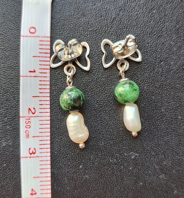 Cercei ruby in zoisite/perle de cultura, otel inoxidabil
