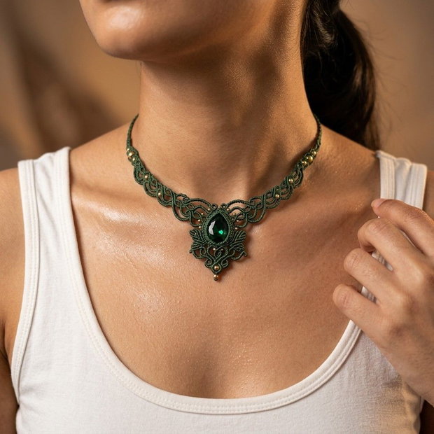 Colier Verde Princess Vintage Micromacrame Cristal Swarovski