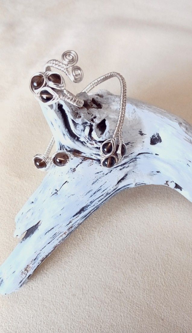 Set Handmade Wire Wrapped  Placat Argint & Cuarț Fumuriu