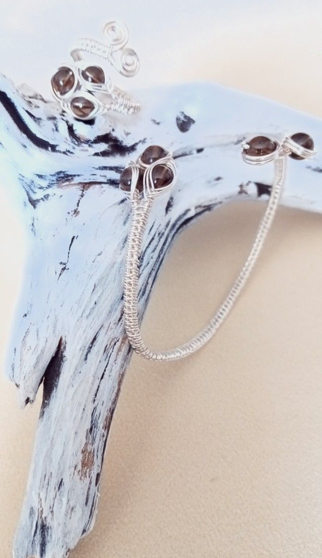 Set Handmade Wire Wrapped  Placat Argint & Cuarț Fumuriu