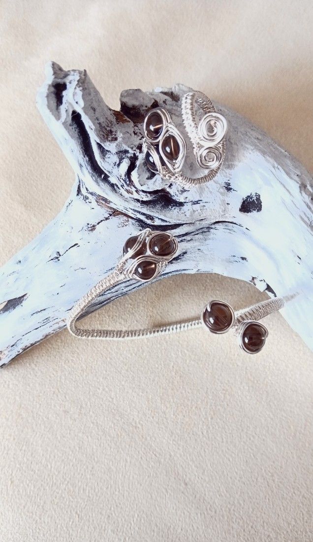 Set Handmade Wire Wrapped  Placat Argint & Cuarț Fumuriu