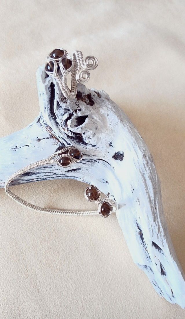 Set Handmade Wire Wrapped  Placat Argint & Cuarț Fumuriu