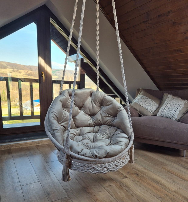 Leagăn hamac suspendat, scaun tip balansoar, bumbac 100%, stil boho, interior/exterior