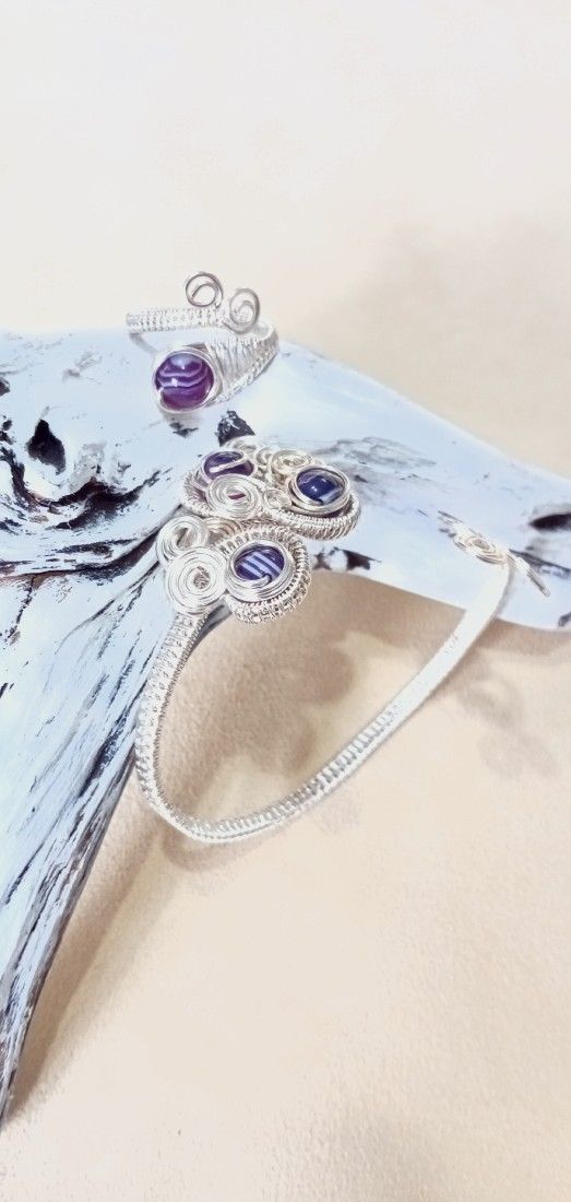 Set Bijuterii Reglabile cu Agat Mov  Tehnica Wire Wrapped