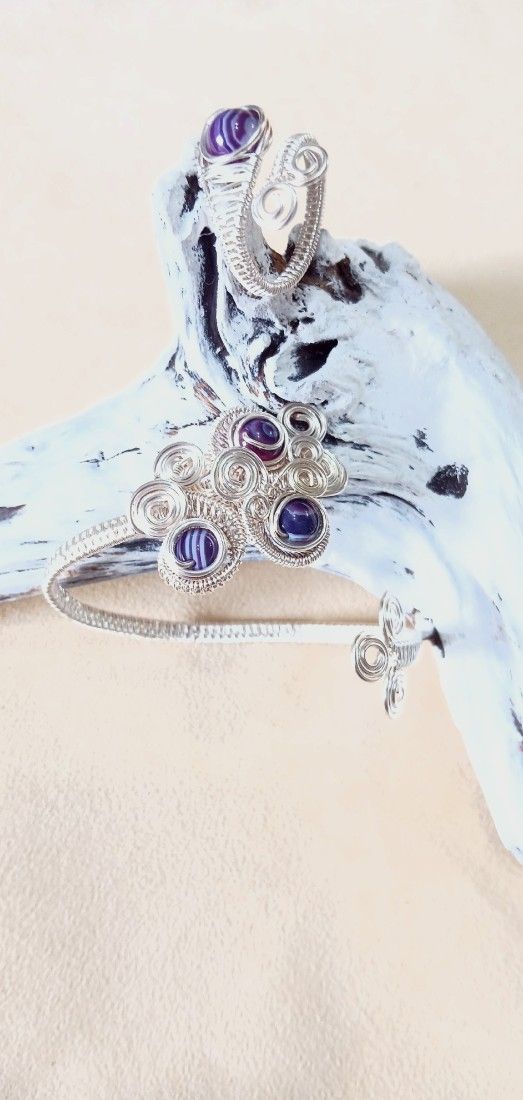 Set Bijuterii Reglabile cu Agat Mov  Tehnica Wire Wrapped