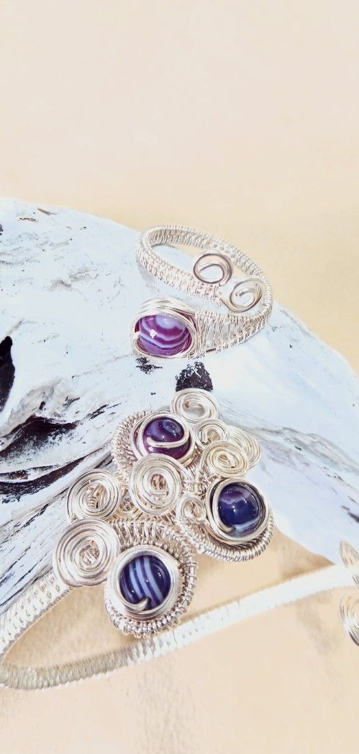 Set Bijuterii Reglabile cu Agat Mov  Tehnica Wire Wrapped