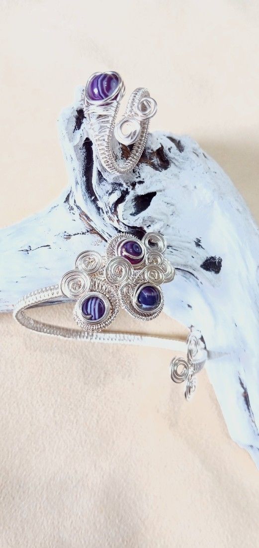 Set Bijuterii Reglabile cu Agat Mov  Tehnica Wire Wrapped