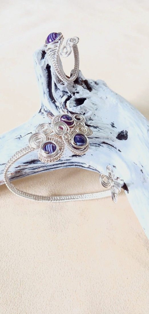 Set Bijuterii Reglabile cu Agat Mov  Tehnica Wire Wrapped