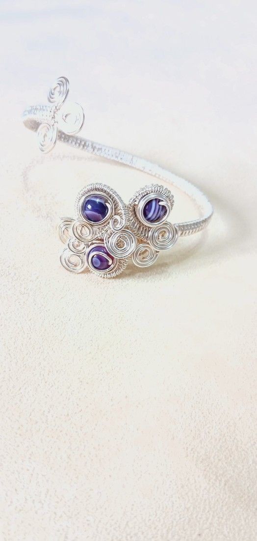 Set Bijuterii Reglabile cu Agat Mov  Tehnica Wire Wrapped