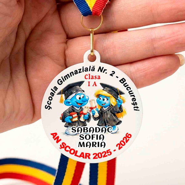 Medalie personalizata pentru copii  Model Strumfi