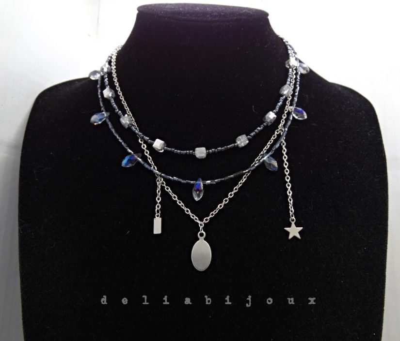 Colier multisirag cu cristale și lanț din inox statement modern minimalist (cod1424)