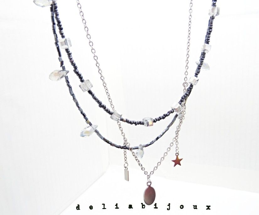 Colier multisirag cu cristale și lanț din inox statement modern minimalist (cod1424)