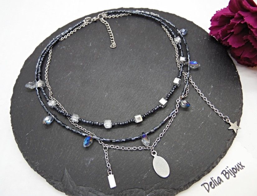 Colier multisirag cu cristale și lanț din inox statement modern minimalist (cod1424)