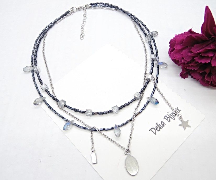 Colier multisirag cu cristale și lanț din inox statement modern minimalist (cod1424)