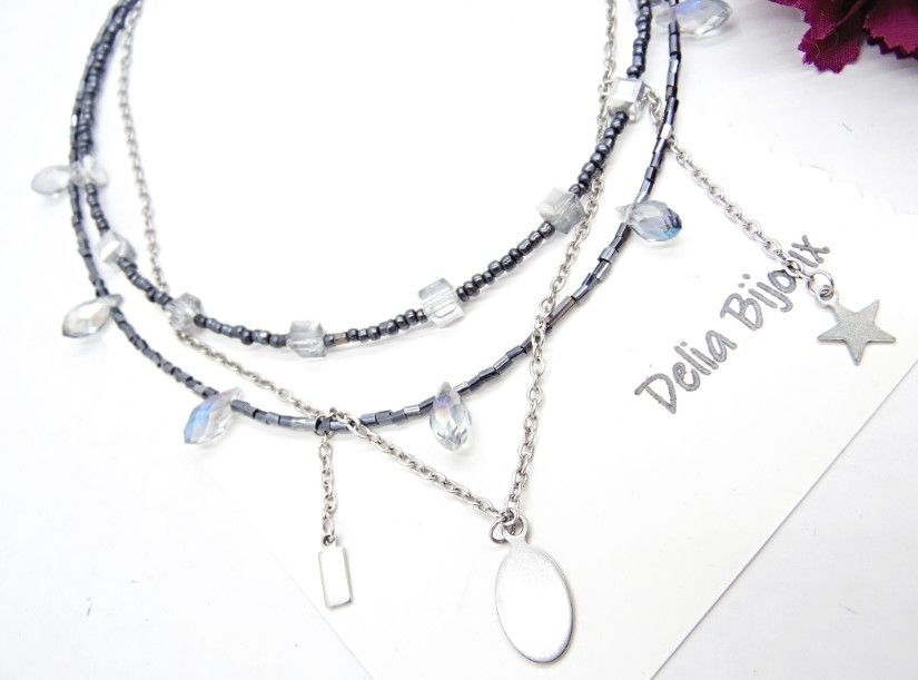 Colier multisirag cu cristale și lanț din inox statement modern minimalist (cod1424)