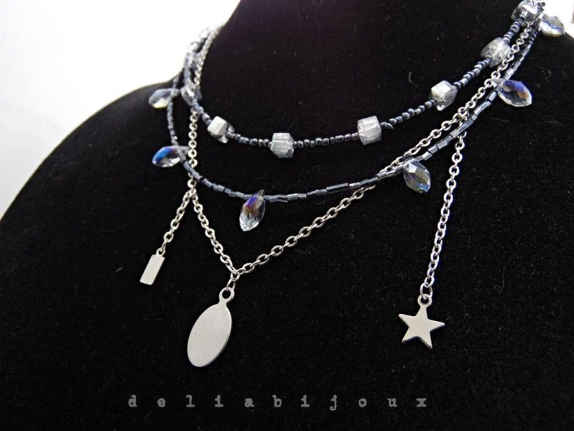 Colier multisirag cu cristale și lanț din inox statement modern minimalist (cod1424)