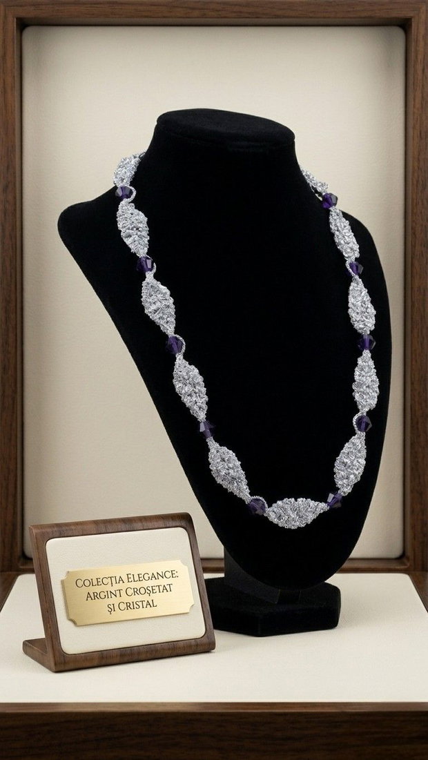 Colier "Elegance" - Argint Croșetat Manual și Cristale Fațetate Violet