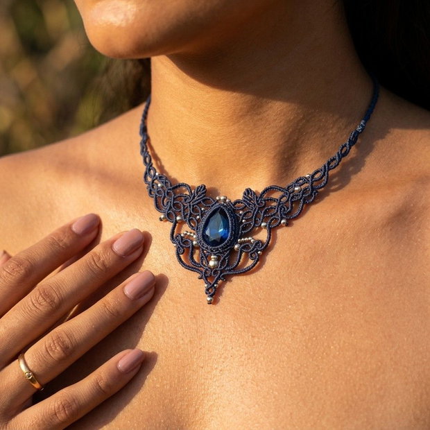 Colier Albastru Regal Choker Princess Vintage Micromacrame Cristal Swarovski