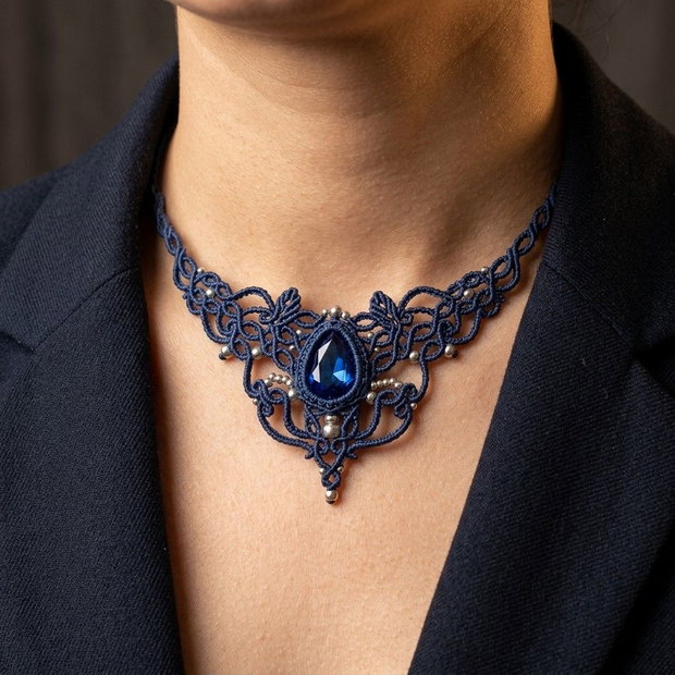 Colier Albastru Regal Choker Princess Vintage Micromacrame Cristal Swarovski