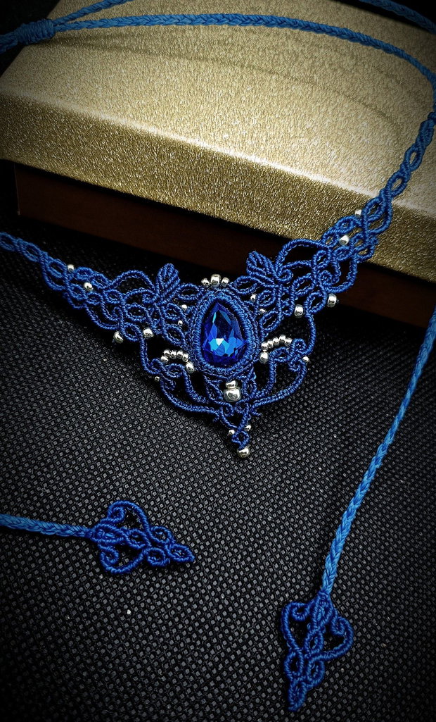 Colier Albastru Regal Choker Princess Vintage Micromacrame Cristal Swarovski