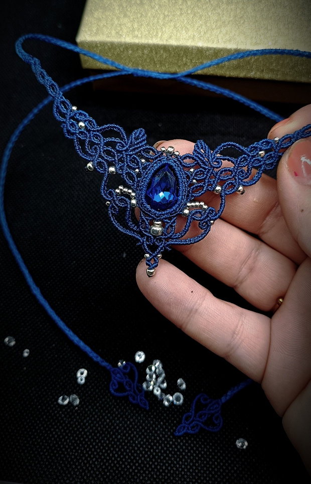 Colier Albastru Regal Choker Princess Vintage Micromacrame Cristal Swarovski