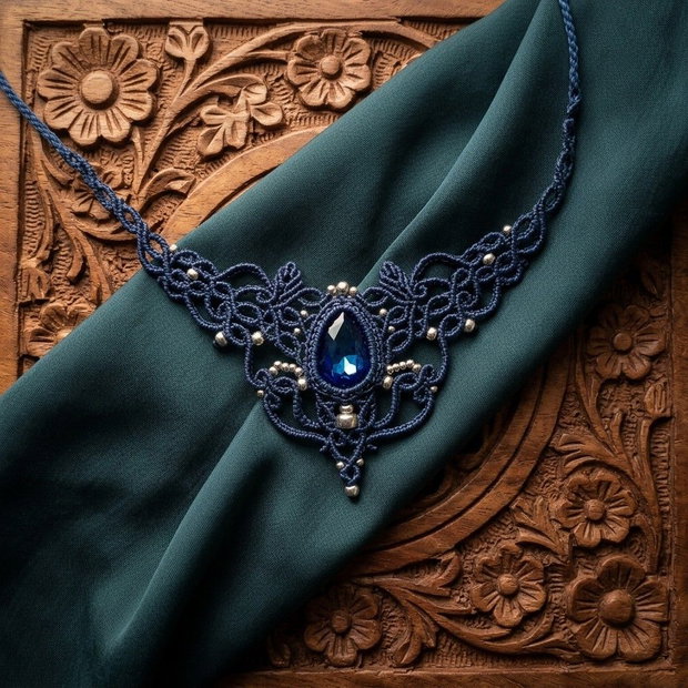Colier Albastru Regal Choker Princess Vintage Micromacrame Cristal Swarovski