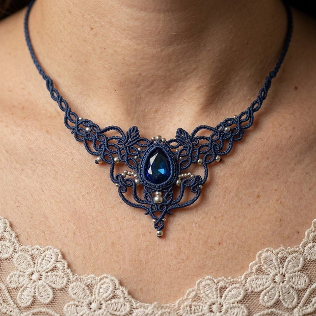 Colier Albastru Regal Choker Princess Vintage Micromacrame Cristal Swarovski