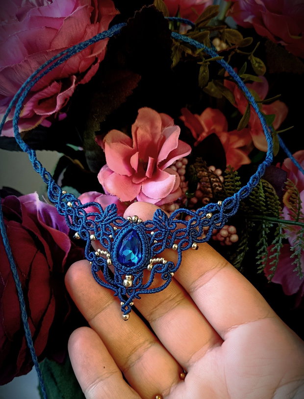 Colier Albastru Regal Choker Princess Vintage Micromacrame Cristal Swarovski