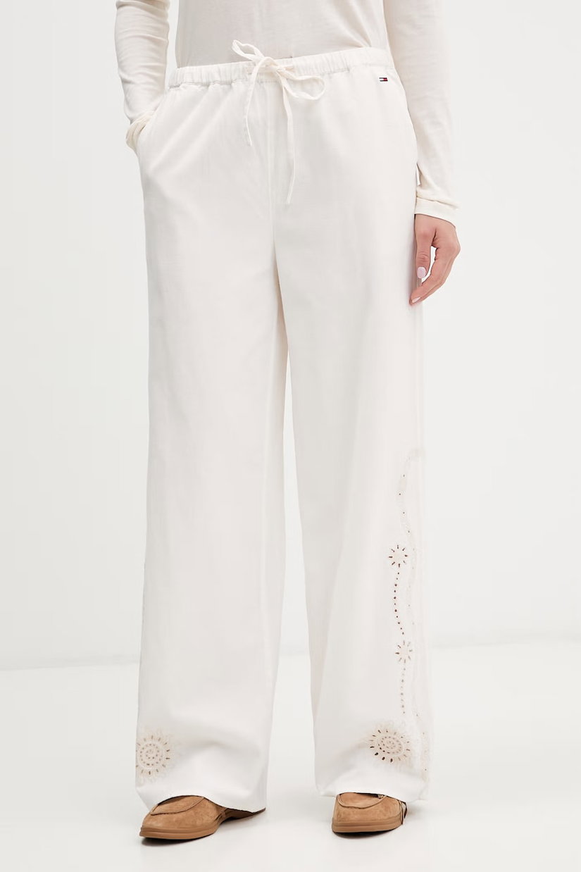 Tommy Jeans pantaloni wide leg de damă cu amestec de in