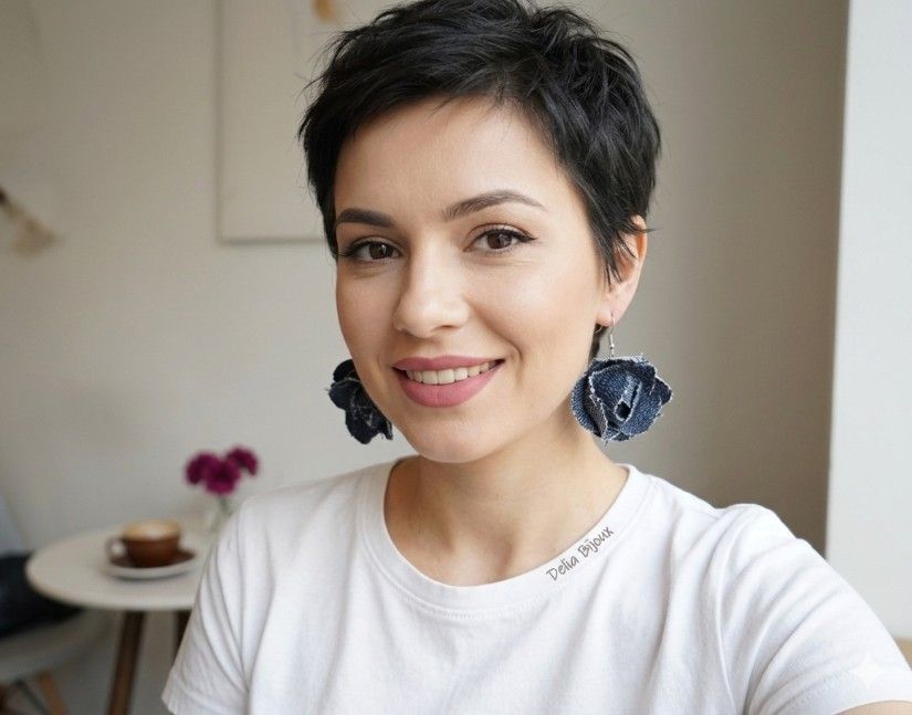 Cercei statement din blugi reciclat flori handmade (cod1417)