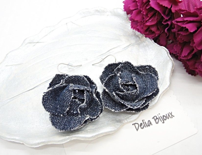 Cercei statement din blugi reciclat flori handmade (cod1417)