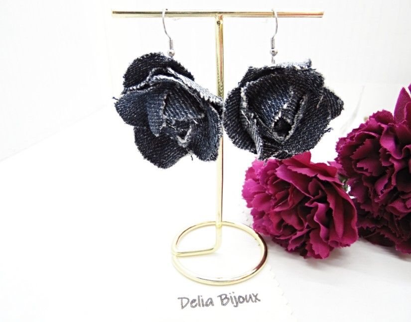 Cercei statement din blugi reciclat flori handmade (cod1417)