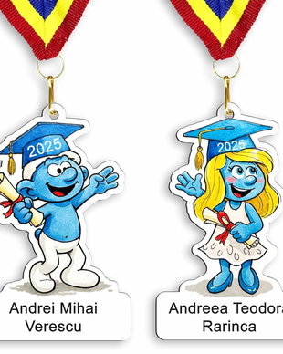 Medalie personalizată Ștrumfi cu nume  cadou premiere copii