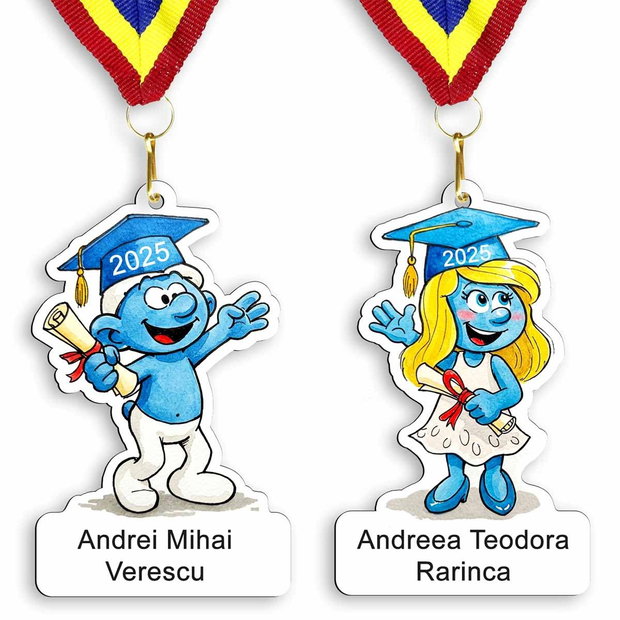 Medalie personalizată Ștrumfi cu nume cadou premiere copii