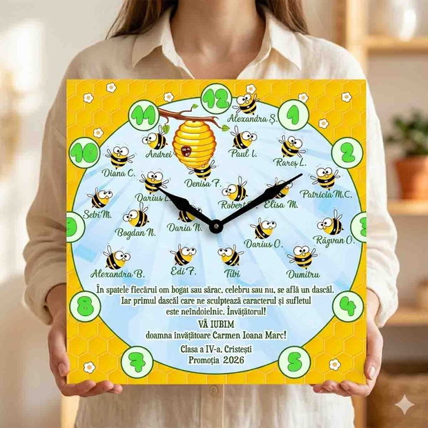 Ceas cu Albinuțe Personalizat cu Numele Copiilor Cadoul Perfect pentru Educatoare sau Învățătoare