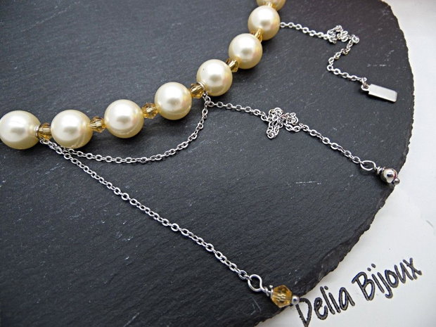 Colier elegant din perle Mallorca piersică cu lanț din inox bijuterie statement feminină (cod1426)