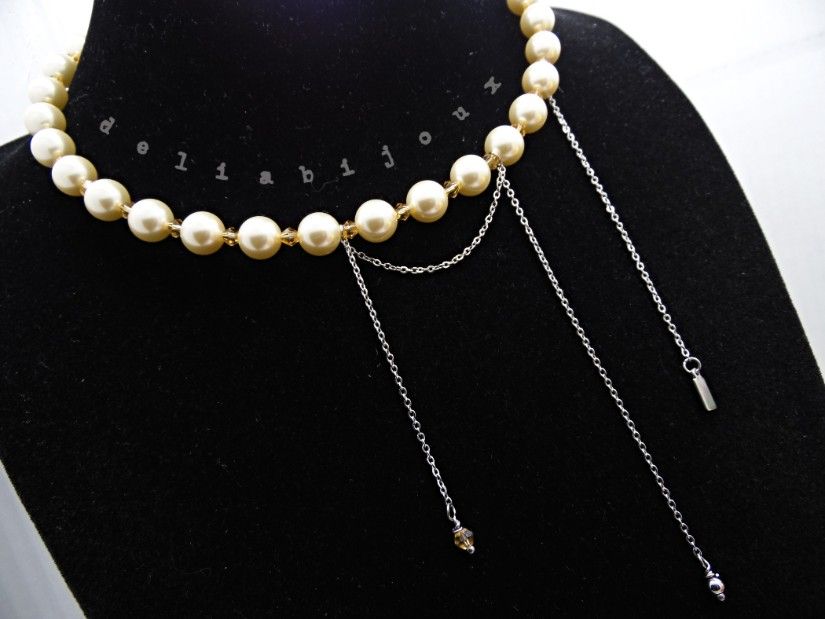 Colier elegant din perle Mallorca piersică cu lanț din inox bijuterie statement feminină (cod1426)