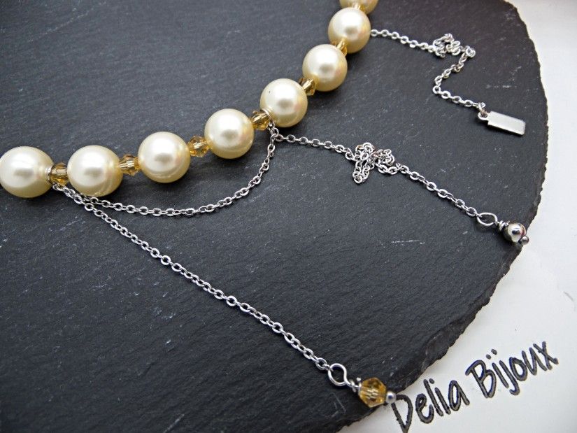 Colier elegant din perle Mallorca piersică cu lanț din inox bijuterie statement feminină (cod1426)