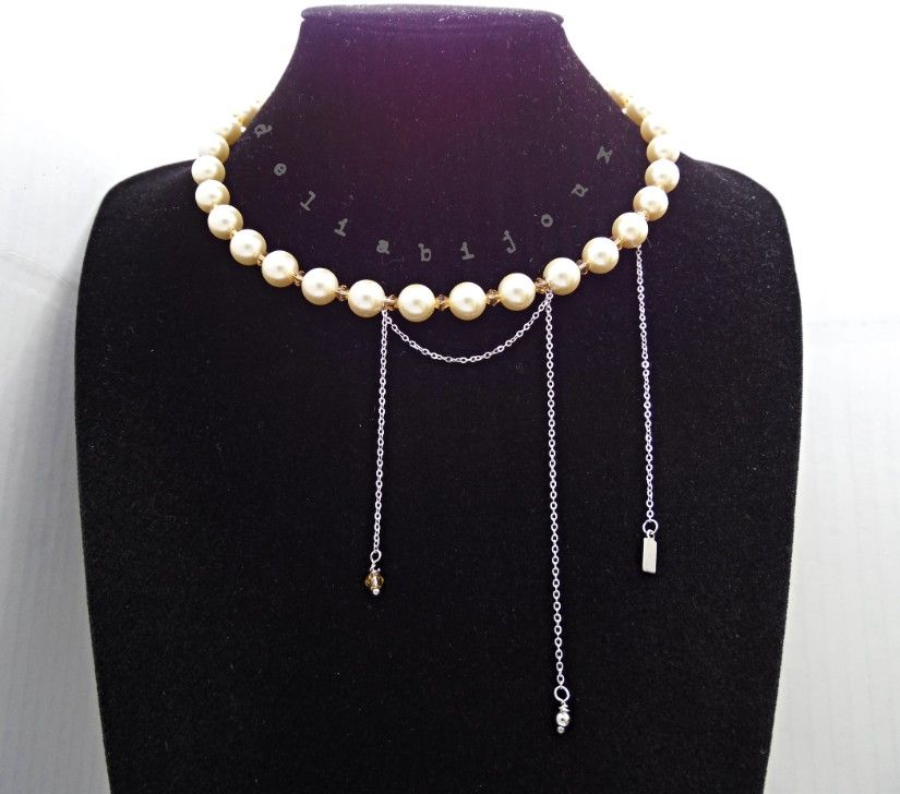 Colier elegant din perle Mallorca piersică cu lanț din inox bijuterie statement feminină (cod1426)