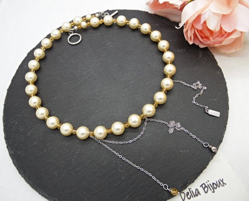 Colier elegant din perle Mallorca piersică cu lanț din inox bijuterie statement feminină (cod1426)