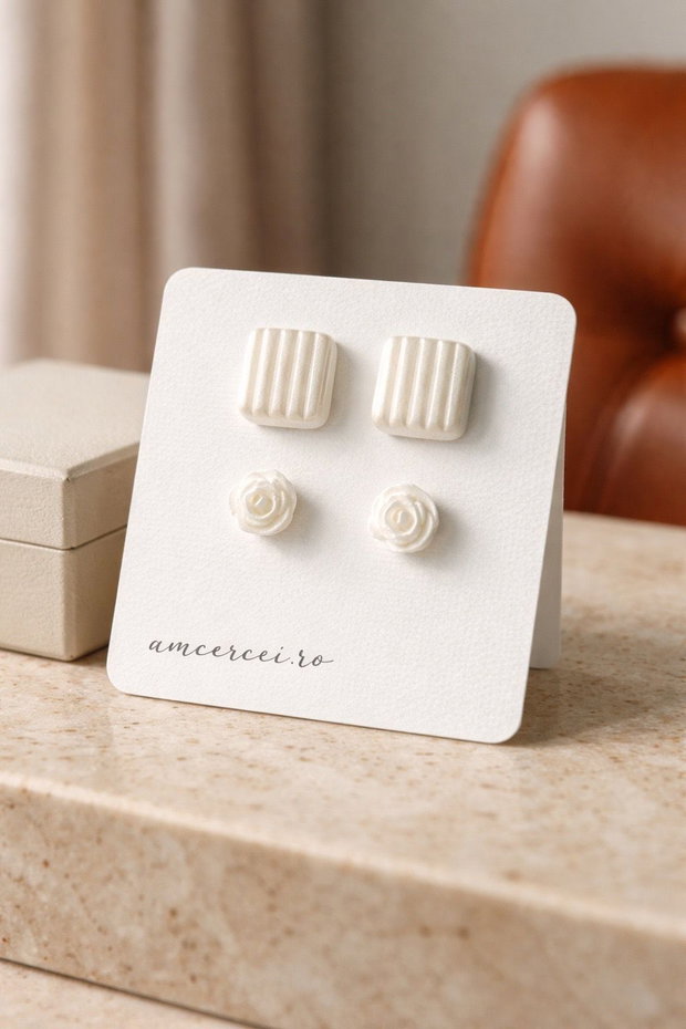 Cercei "White combo" - cercei studs, cercei mici, cercei albi