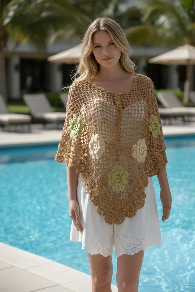 Poncho croșetat manual din bumbac și mătase poncho de vară elegant și ușor