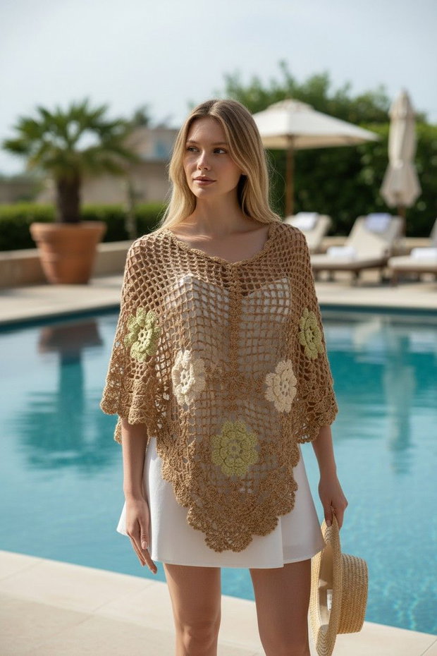 Poncho croșetat manual din bumbac și mătase poncho de vară elegant și ușor