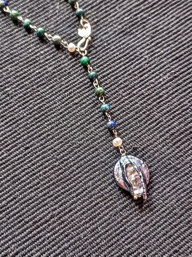 Colier argint azurit perle naturale de cultura albe perla de cultura baroc neagra irizatii lant argint minimalist boho chic trendy